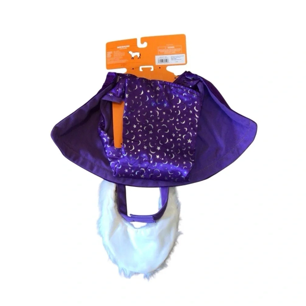2pc Dog Wizard Costume Purple Velvet Hat Beard Size M Halloween